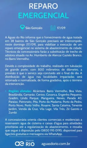 Manutenção programada interrupção do fornecimento de água em São Gonçalo