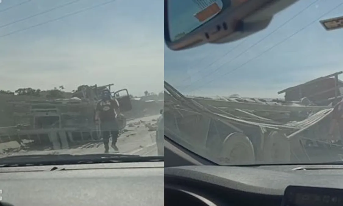 Pneu de caminhão estoura e carros capotam na BR-101, em Itaboraí | Enfoco