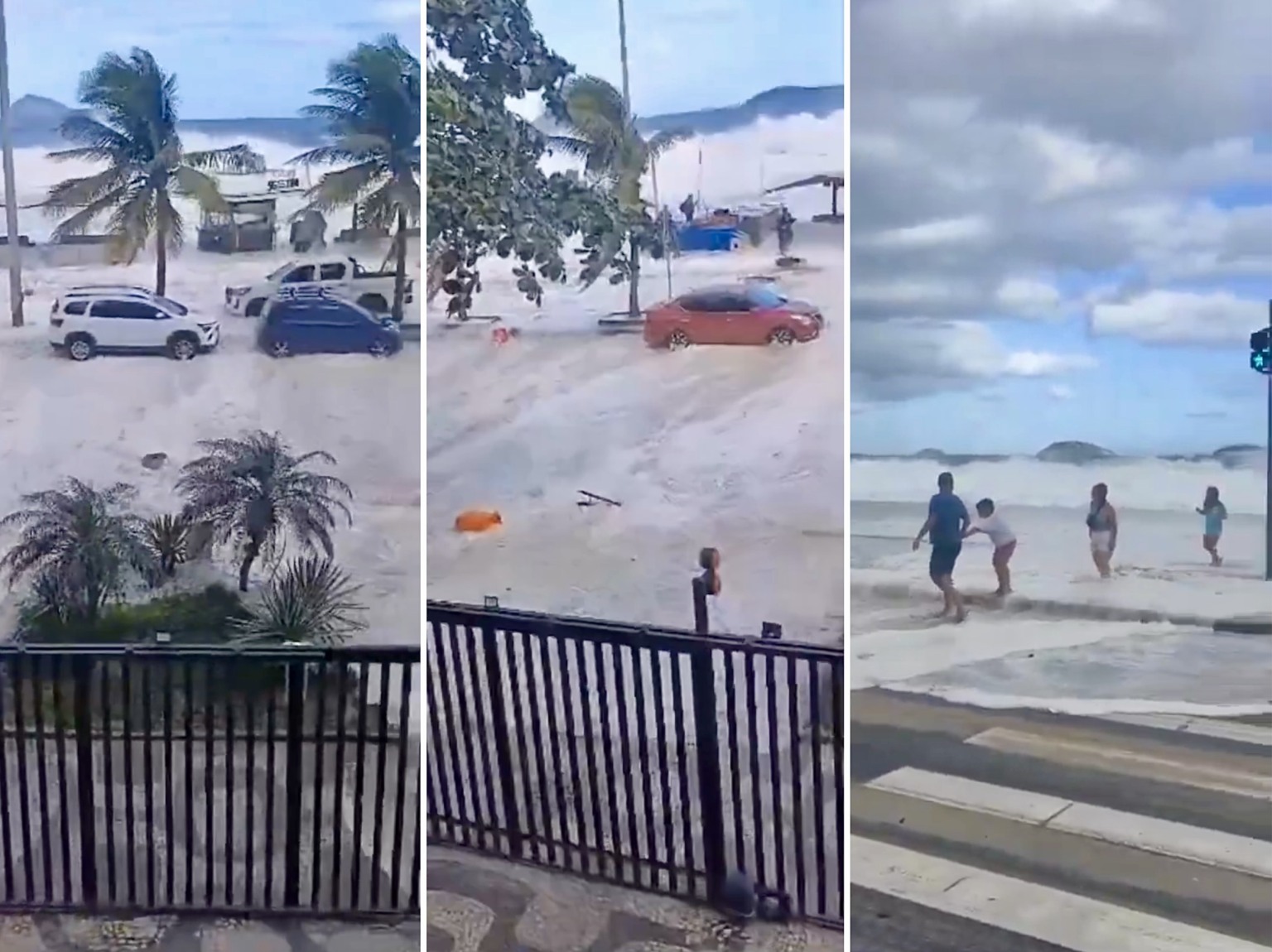 Ressaca histórica atinge o Rio: mar invade ruas e arrasta carros