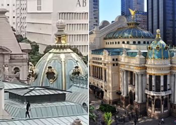 Flagrante no alto: dupla é vista andando sobre o telhado do Theatro Municipal e vídeo viraliza