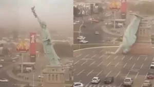 emporal com ventos fortes derruba estátua em frente a loja da Havan no Rio Grande do Sul e causa danos materiais.