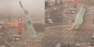 emporal com ventos fortes derruba estátua em frente a loja da Havan no Rio Grande do Sul e causa danos materiais.