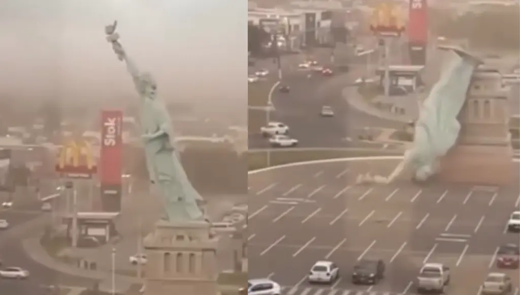 emporal com ventos fortes derruba estátua em frente a loja da Havan no Rio Grande do Sul e causa danos materiais.
