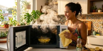 Limpeza de micro-ondas com vapor de vinagre e limão reduz odores e remove gordura naturalmente