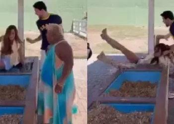 Nicole Bahls leva cabeçada de vaca, cai em bebedouro e viraliza nas redes