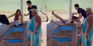 Nicole Bahls leva cabeçada de vaca, cai em bebedouro e viraliza nas redes