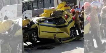 Táxi amassado após colisão com ônibus no Maracanã provoca retenções e atendimento de emergência