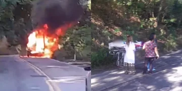 Ambulância com adolescente pega fogo na RJ-106; jovem foi retiradasem ferimentos